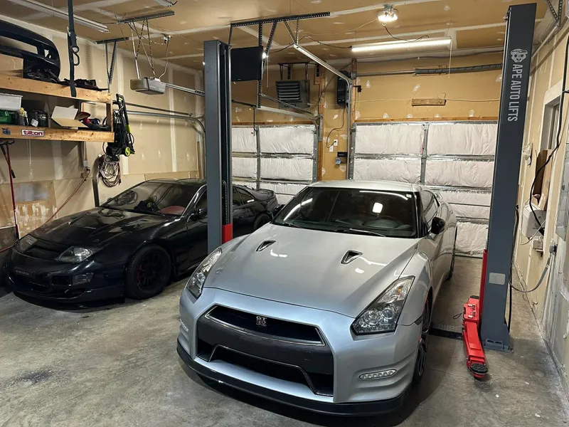 Two-post lift setup in garage