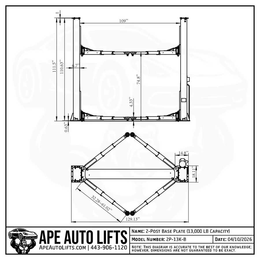 2-Post Base Plate 13,000 LB diagram view