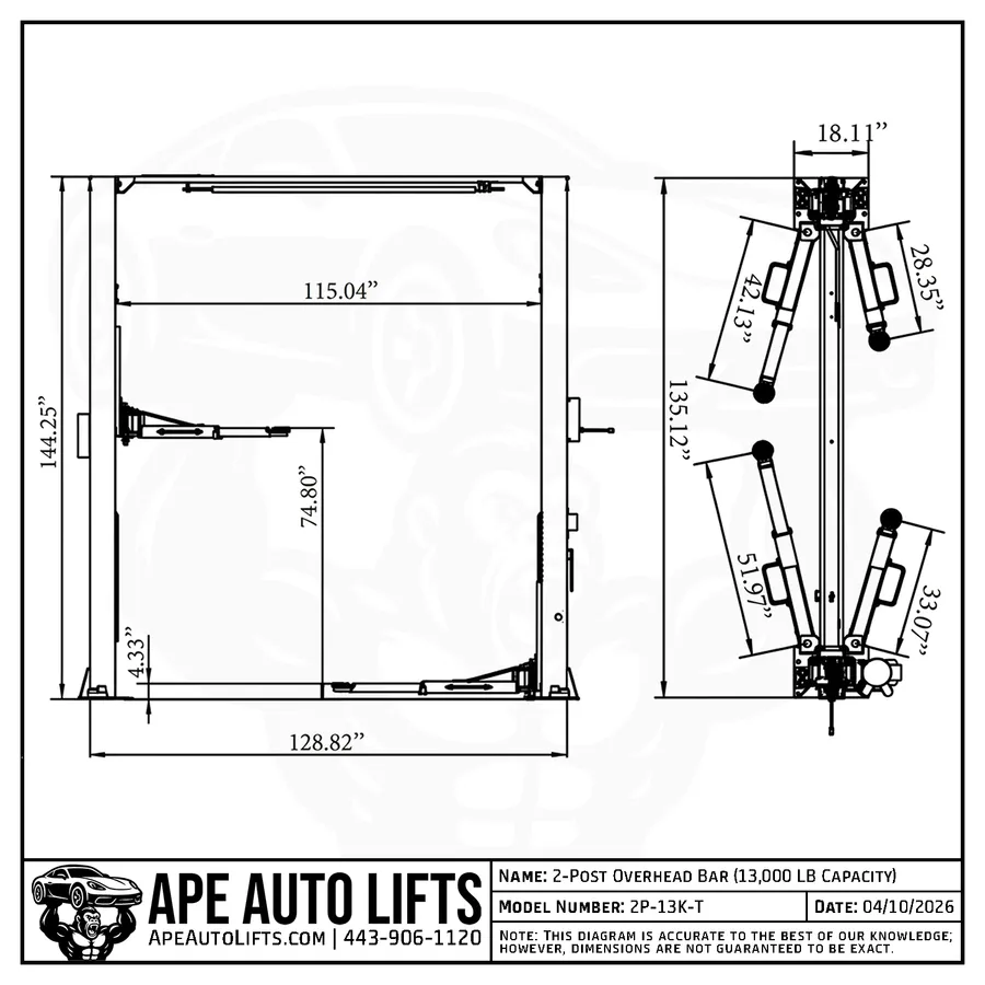 2-Post Overhead 13,000 LB diagram view