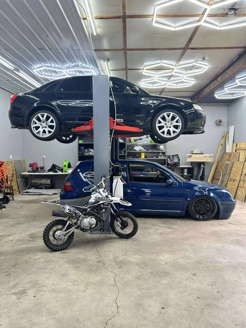 Two-post lift setup in garage