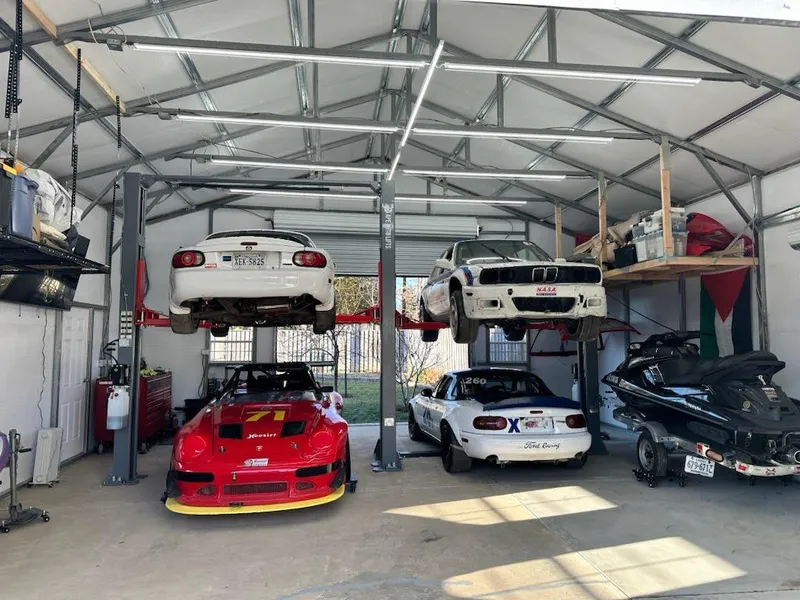 Two-post lift setup in garage