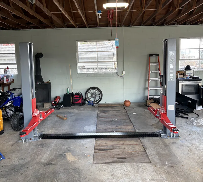 Two-post lift setup in garage