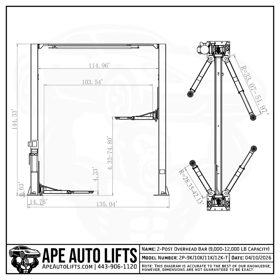 2-Post Overhead 9,000 LB Diagram view